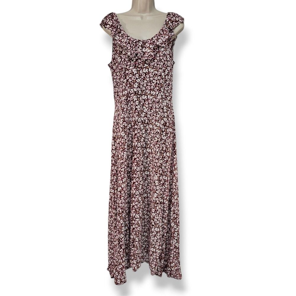 Madewell Women's Emma Floral Burgundy Ruffled Scoopneck Maxi Dress Size 10 - Picture 3 of 8